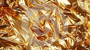 Golden shiny crumpled foil. Gold, yellow, metallic texture, background, abstract, simple, 3D rendering, close up. Generated by