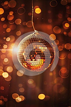 Golden shiny disco ball with lights on a shiny glowing abstract background