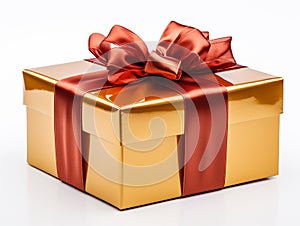 golden shiny Gift box with red ribbon isolated on white background seen frontally