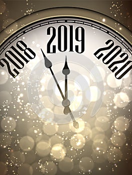 Golden shiny Happy New Year 2019 card with clock and lights