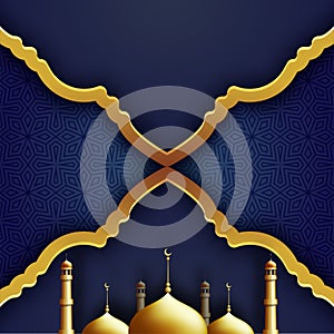 Golden shiny mosque on blue islamic patterned background.