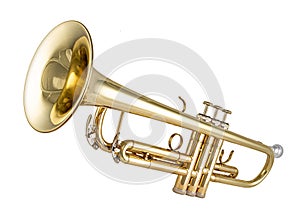 Golden shiny new metallic brass trumpet music instrument isolated white background. musical equipment entertainment orchestra band photo