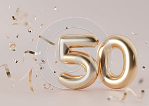 Golden, shiny number fifty on beige, neutral background with falling confetti. Symbol 50. Invitation for a fiftieth