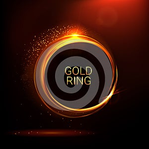 Golden shiny rings. Abstract color vector banner. Light effects, glare and reflections. Glowing stellar dust. Template for text.