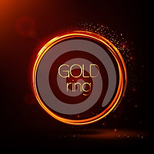 Golden shiny rings. Abstract vector banner. Light effects,  particles, glare and reflections. Glowing stellar dust.