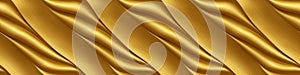 Golden shiny satin silk swirl wave background banner long - Abstract gold textile fabric material texture, Generative AI
