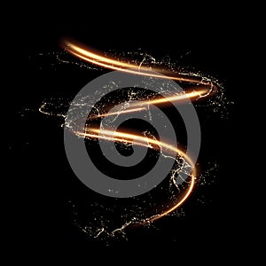 Golden shiny spiral line effect with magic dust particles effect flying around. Vector eps background.