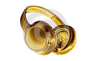 Golden shiny wireless headphones on white background isolated close up, luxury gold metal bluetooth headset, yellow earphones