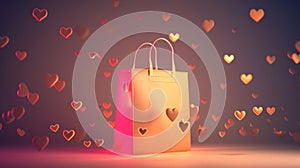 Golden shopping bag with floating heart accents photo
