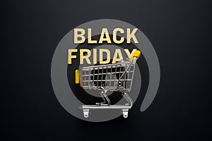Golden shopping cart on dark background, Black Friday concept