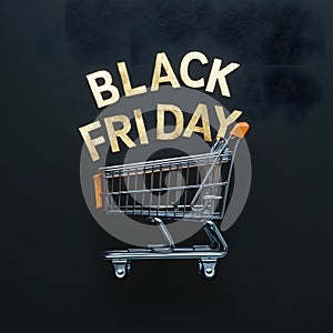 Golden shopping cart on dark background, Black Friday concept