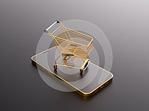 Golden Shopping Cart on Smartphone. Online Shopping