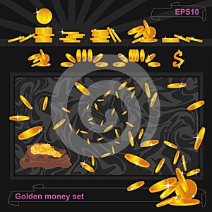 Golden shower shining, flying money stream to a bunch, background. Casino money coins winner set. Stacked golden coins.