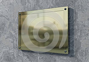 Golden sign plate on wall mockup. Template of a gold business signboard on marble texture. 3D rendering