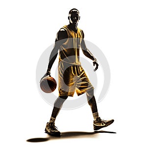 golden silhouette of basketball player on white background, he is jumping