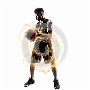 golden silhouette of basketball player on white background, he is jumping