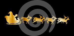 Golden silhouette of Santa flying in sleigh on black b