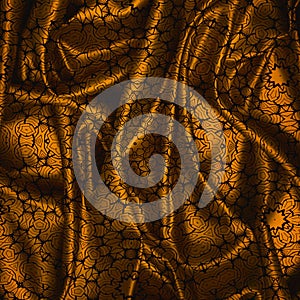 Golden silk texture with abstract geometric pattern. Irregular folds. Luxury background.