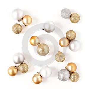 Golden and Silver Balls Top view White Background Christmas