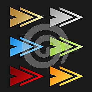 Golden, silver, blue, green, red and orange arrow symbols on black background. Simple arrow buttons. Pointer on web. Sign of photo