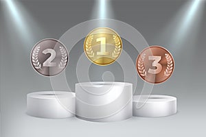 Golden, silver, bronze awards for first, second, third place on podium. Medals on pedestal vector 3d realistic