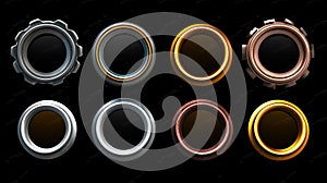 Golden, silver, bronze, copper and rusty metal circle frames, vector game assets. Rusty metal circle frames and gold rings, GUI or