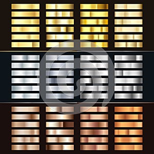 Golden Silver and Bronze gradient set. Collection of shiny bronze silvery and gold pattern. Realistic metallic foil. Vector