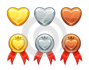 Golden, silver, bronze hearts set. Love achievements. Game result ranking icons.