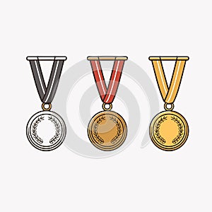 Golden silver bronze madal hand-drawn comic illustration. Medals. Vector doodle style cartoon illustration