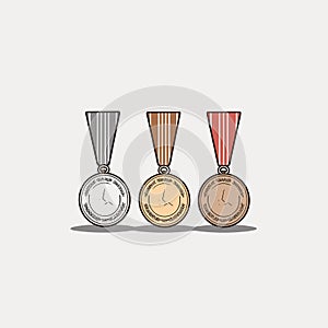 Golden silver bronze madal hand-drawn comic illustration. Medals. Vector doodle style cartoon illustration