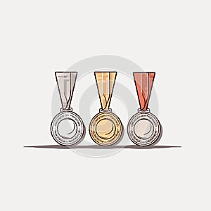 Golden silver bronze madal hand-drawn comic illustration. Medals. Vector doodle style cartoon illustration