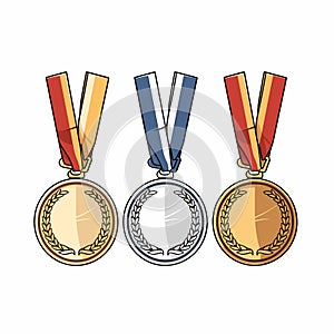 Golden silver bronze madal hand-drawn comic illustration. Medals. Vector doodle style cartoon illustration