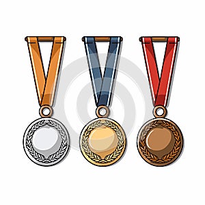 Golden silver bronze madal hand-drawn comic illustration. Medals. Vector doodle style cartoon illustration