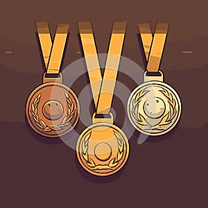 Golden silver bronze madal hand-drawn comic illustration. Medals. Vector doodle style cartoon illustration