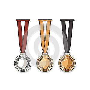 Golden silver bronze madal hand-drawn comic illustration. Medals. Vector doodle style cartoon illustration