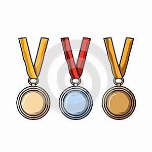 Golden silver bronze madal hand-drawn comic illustration. Medals. Vector doodle style cartoon illustration