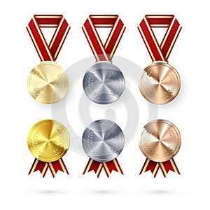 Golden Silver and Bronze medals with laurel hanging on red ribbon. Award symbol of victory and success. medals set. vector