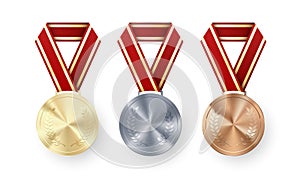 Golden Silver and Bronze medals with laurel hanging on red ribbon. Set of Awards. Award symbol of victory and success. Vector