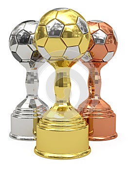 Golden, silver and bronze soccer trophies