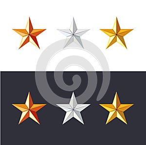 Golden, silver and bronze stars set. Game achievements and awards. 3d style vector. Rank icons.