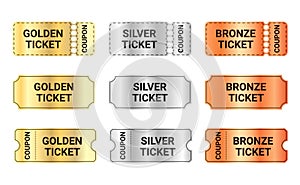 Golden, silver and bronze ticket coupon set