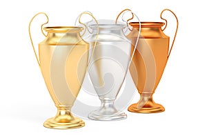 Golden, silver and bronze trophy cups, 3D rendering