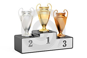 Golden, silver and bronze trophy cups on black pedestal, 3D rend