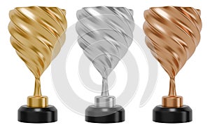 Golden, silver and bronze winner cup set. Realistic trophy awards. 3D rendering.