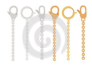 Golden and silver chain with claw clasp jewelry accessory flat vector illustration isolated on white background