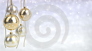 Golden and silver christmas balls with bokeh background. Seamless loop. 3D render