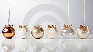 Golden and silver christmas baubles on white background with reflection Generative AI