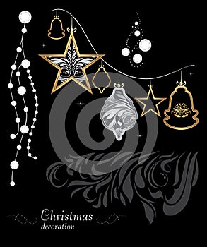 Golden and silver Christmas decoration on black background