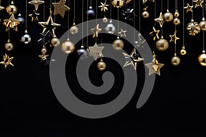 Golden and silver christmas decoration hanging on black background with copy space