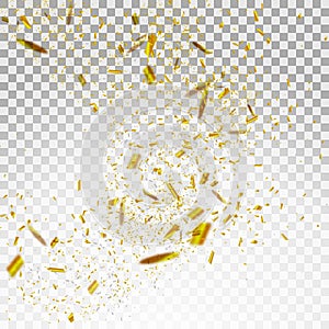 Golden and Silver Confetti. Vector Festive Illustration of Falling Shiny Confetti Glitters on Transparent Checkered Backg